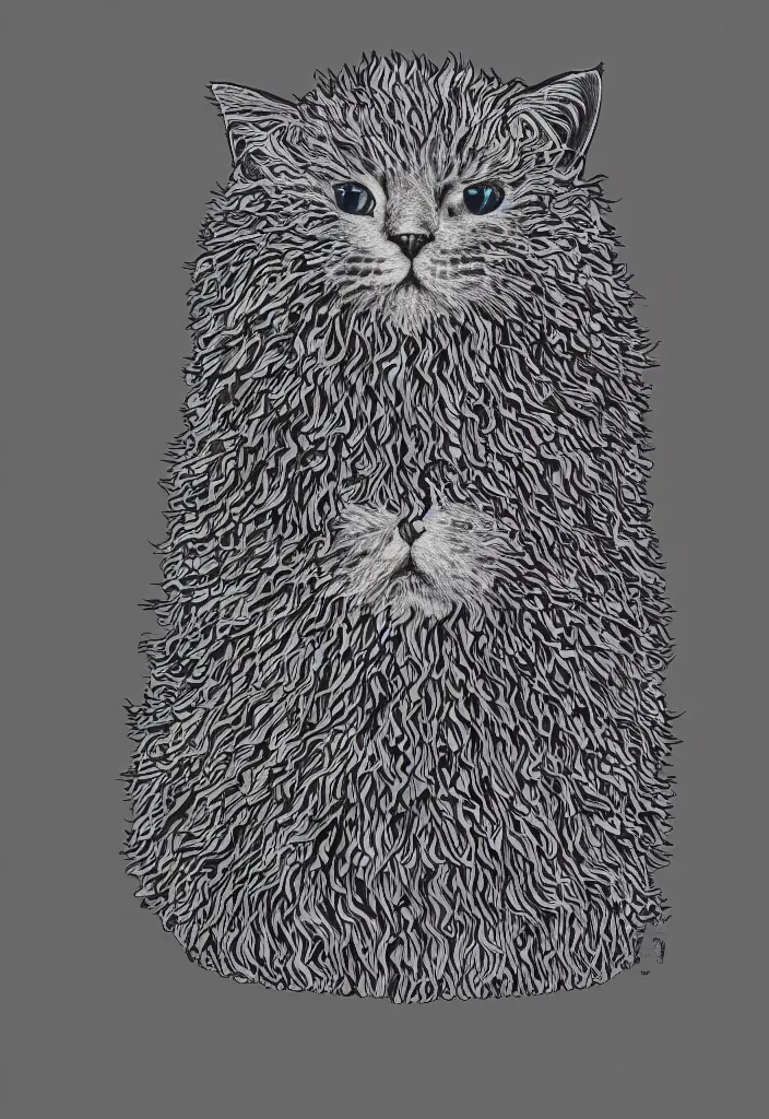 Prompt: fluffy cat with an afro comb t - shirt design, by jules julien, kaws, dark grisaille monochrome neon spraypaint, ironic surrealism, hypebeast