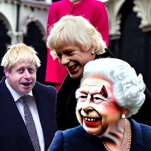 Image similar to boris johnson in clown makeup talking to Queen Elizabeth II, hyperrealistic, photorealistic, printed on the Guardian