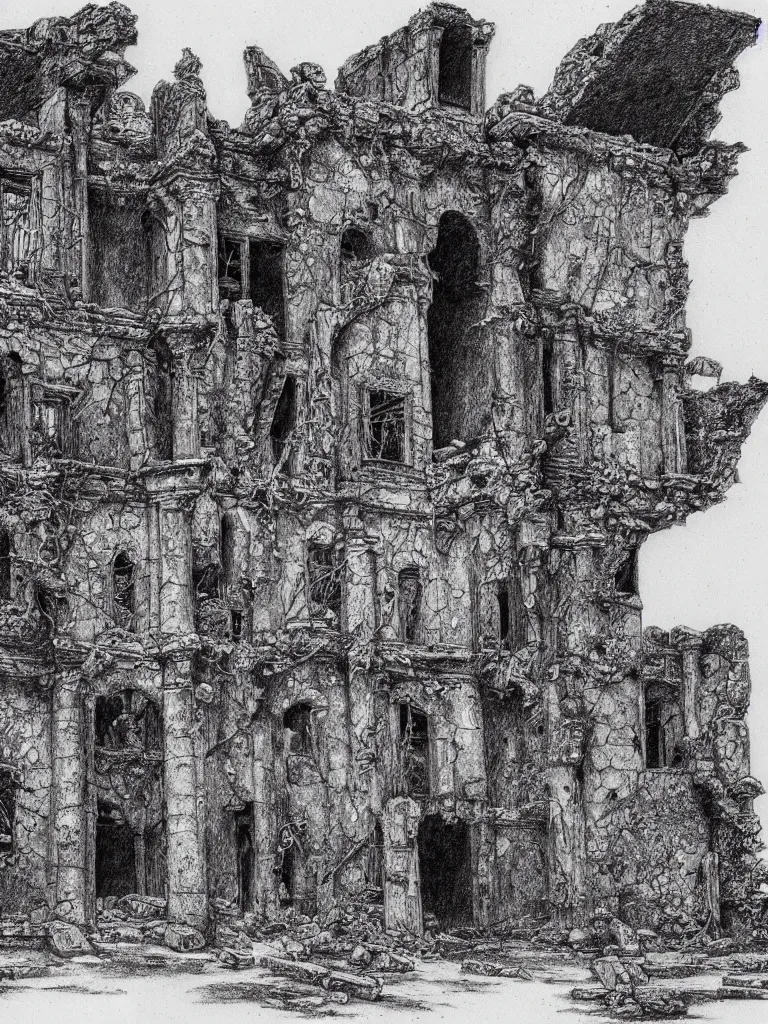 Prompt: A pen drawing of a dilapidated ancient castle building in the wood, by Juan Francisco Casas, high detailed