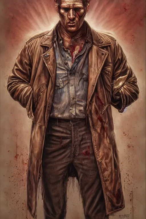 Image similar to a bloody and beaten man in a brown leather jacket in the style of of true detective. art by tomasz alen kopera and glenn fabry.