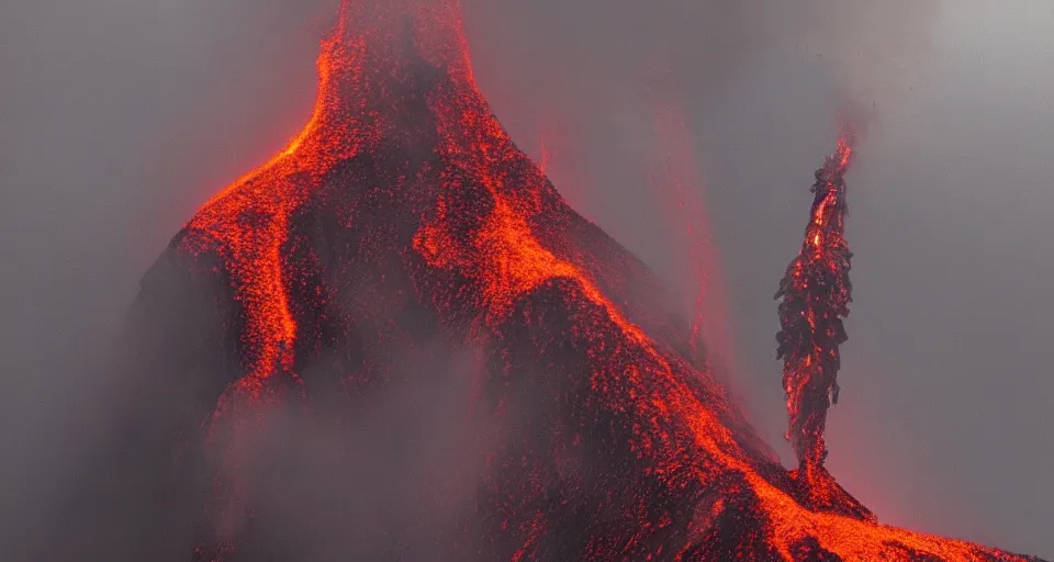 Image similar to a volcano made of ivory vines and crimson rocks enters in eruption, it spits a smoke in the shape of demonic eye, by Jesper Esjing