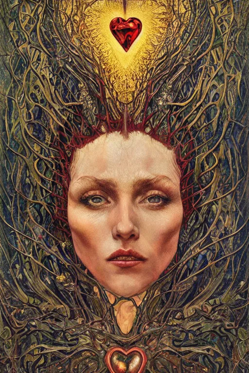 Image similar to Heart of Thorns by Karol Bak, Jean Deville, Gustav Klimt, and Vincent Van Gogh, portrait of an anatomical heart, sacred heart, Surreality, otherworldly, infernal enigma, Helliquary, fractal structures, celestial, arcane, ornate gilded medieval icon, third eye, spirals, dramatic sharp thorns, rich deep moody colors