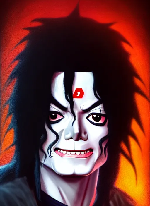 Image similar to portrait of michael jackson as madara uchiha from naruto, au naturel, hyper detailed, digital art, trending in artstation, cinematic lighting, studio quality, smooth render, unreal engine 5 rendered, octane rendered, art style by klimt and nixeu and ian sprigger and wlop and krenz cushart and riot