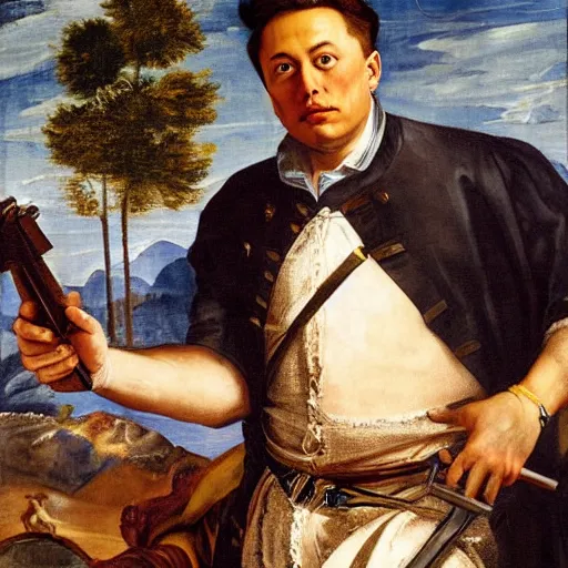 Image similar to painting of Elon musk holding a gun, Paolo Veronese style