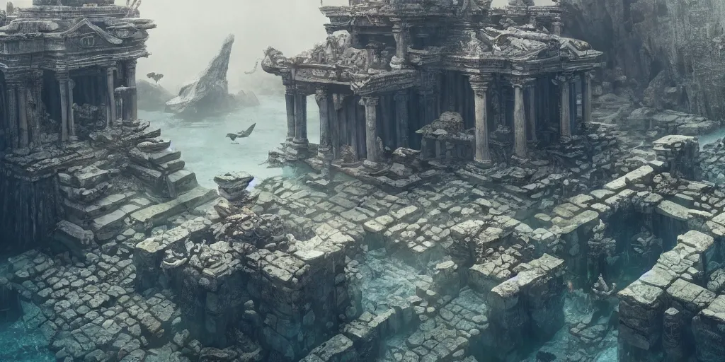 Image similar to Underwater ancient temple, statues, rubble, broken pillars, fishes, coral, Monster Hunter Illustrations art book, Moebius, Greg Rutkowski, Zabrocki, Karlkka, Jayison Devadas, Phuoc Quan, trending on Artstation, 8K, ultra wide angle, zenith view, pincushion lens effect.