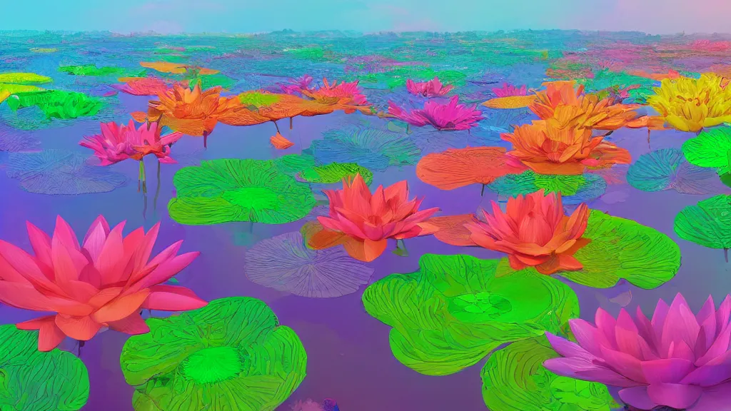 Image similar to digital illustration of a lake full of multi - colored megaflora lotus flowers by dr. seuss, reimagined by ilm and beeple : 1 | spectral color, electric color, rolling hills : 0. 9 | fantasy : 0. 9 | unreal engine, deviantart, artstation, hd, 8 k resolution : 0. 8