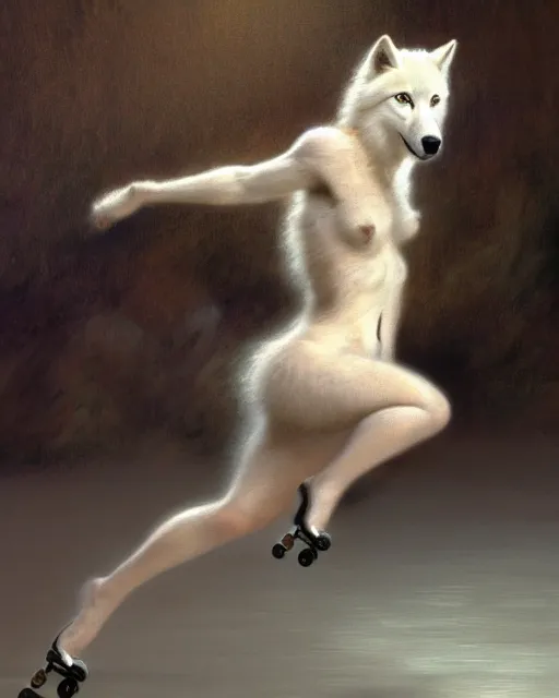 Image similar to a buff white female anthro wolf skating at a roller derby, 4 k, furaffinity, fursona, trending on artstation, energetic, speed, motion blur, by gaston bussiere, craig mullins, j. c. leyendecker, gustav klimt, artgerm, greg rutkowski, alphonse mucha