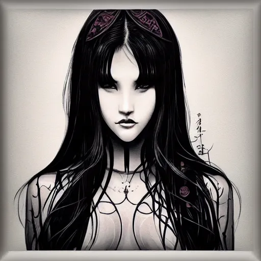 Image similar to tattoo design, stencil, beautiful young female, long dark hair, symmetrical facial features, Japanese, partially clothed in robe, by William-Adolphe Bouguerea and artgerm