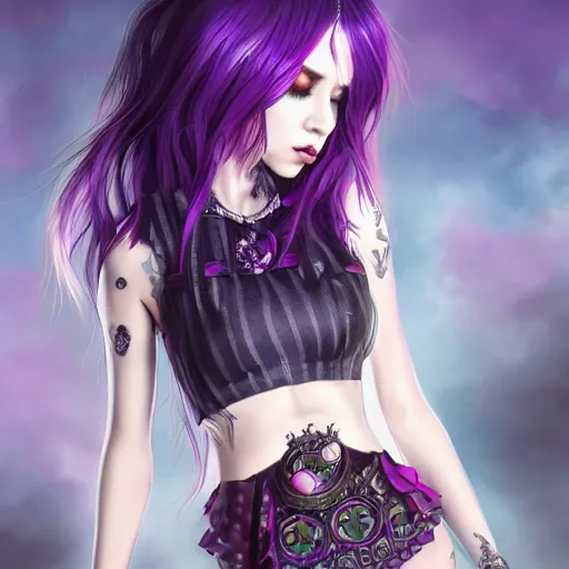 Image similar to kerli koiv animel goth girl with purple hair in mini skirt and crop top intricate, extremely detailed, artstation, 8 k, sensual lighting, incredible art, wlop, artgerm