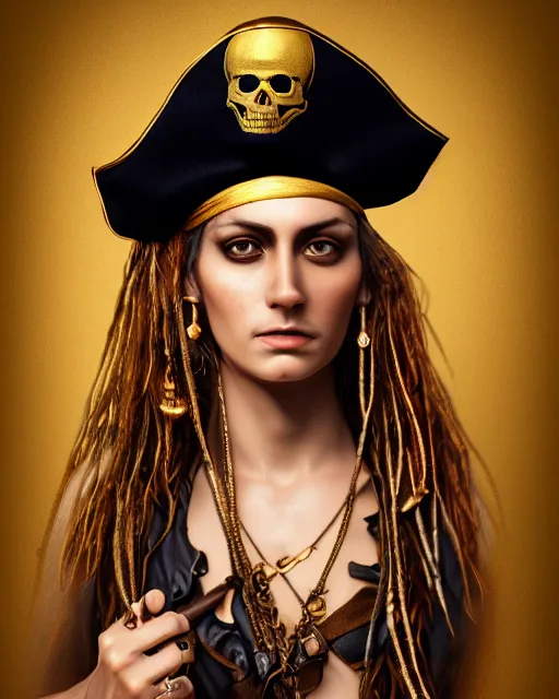 Prompt: realistic portrait of a pirate, dark, gold ornaments, facing camera, photo realistic, detailed, 1 4 5 0, delicate, hyper realism, ultra realistic, 8 k