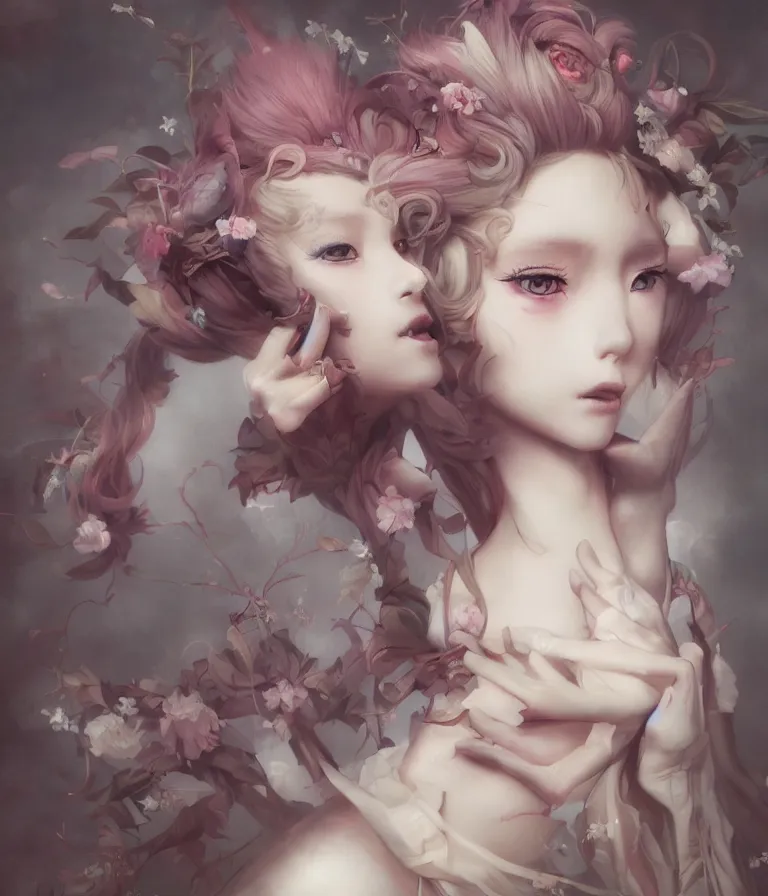 Image similar to anime 3 d art, wlop art, realistic marie antoinette girl painting, japanese street fashion, hyper realism, muted colours, rococo, natalie shau, anime, tom bagshaw style