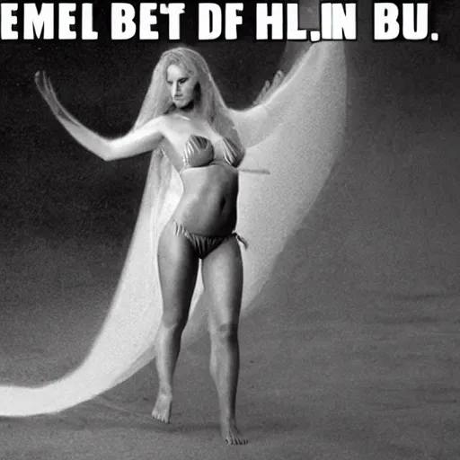 Image similar to meme of a female ghost in bikini, text
