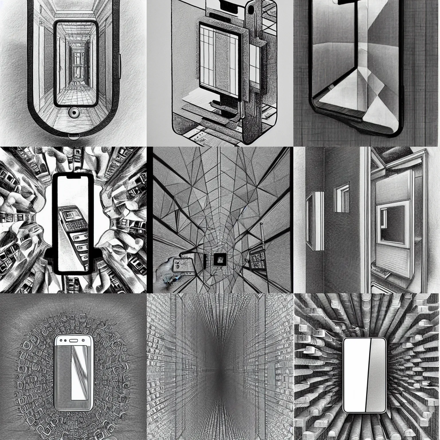 Prompt: pencil drawing of a smart phone inside of a mirror, the phone screen contains infinite phones, infinite recursion, pencil art, in the style of m. c. escher, clean, detailed