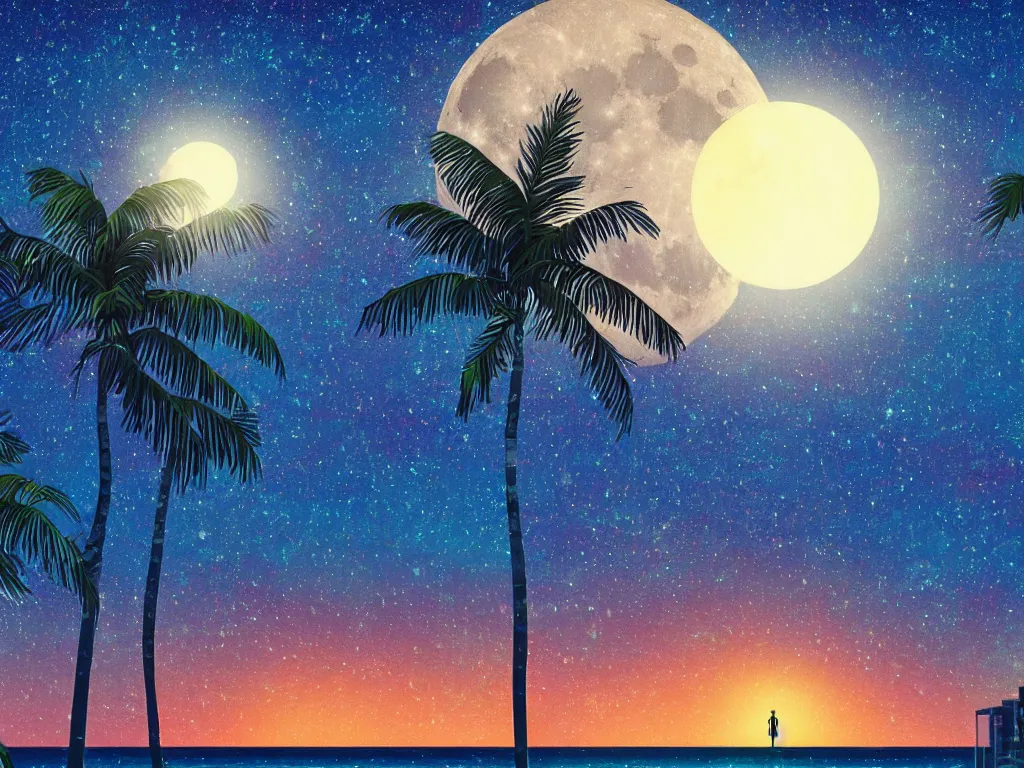 Image similar to night on a summer miami beach, city on the background, palm trees, footprints in the sand, full moon reflected in the calm ocean, starry sky, 8 k, ultra detailed, trending on artstation, digital painting, synthwave and retrowave style