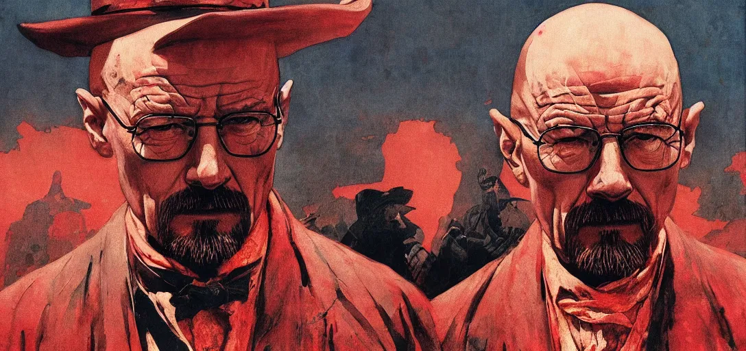 Prompt: walter white in red dead redemption 2 Francisco Goya painting, part by Beksiński and EdvardMunch. warhammer 40000  elegant,  vibrant, futuristic, dark fantasy, intricate, smooth, artstation, art by Takato Yamamoto, Francis Bacon masterpiece