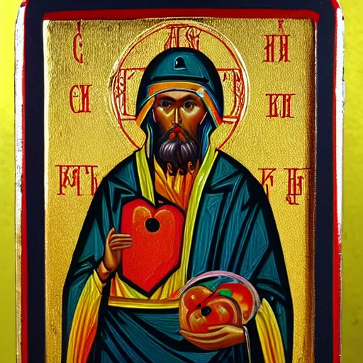 Image similar to russian orthodox icon showing saint holding an apple iphone, touching the screen