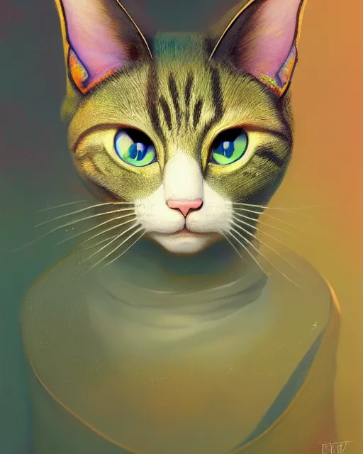 Image similar to highly detailed surreal vfx portrait of an adorable cat, stephen bliss, unreal engine, greg rutkowski, loish, rhads, beeple, makoto shinkai and lois van baarle, ilya kuvshinov, rossdraws, tom bagshaw, alphonse mucha, global illumination, detailed and intricate environment