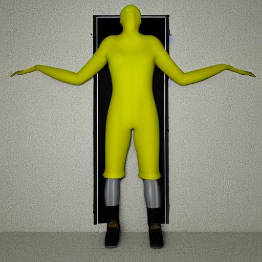 Image similar to 3 d render of jerma 9 8 5, jerma, in a liminal space, non - euclidean space, worn mono - yellow wallpaper, old moist carpet, inconsistently - placed fluorescent lighting, high octane, blender, 3 d render