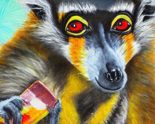 Image similar to a bright happy juxtapoz oil painting of a lemur eating a popsicle