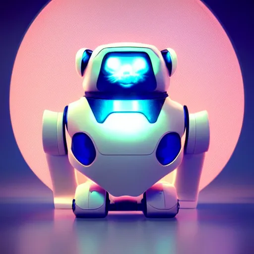 Image similar to product photo of a futuristic stylized pet robot, kitten puppy teddy mix, super cute robot face, awww, by artgerm and greg rutkowski and marc newson, alphonse mucha, zaha hadid,, volumetric light, detailed, octane render, midsommar