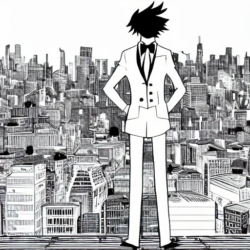 Image similar to anime ink line art of an anthropomorphic fox wearing a tuxedo as he stands on a city rooftop with a city in the background, black and white key manga visual