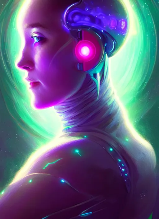 Image similar to a android faceless glowing liquefied stardust adventurer, dnd fantasy character, full body portrait, glowing neon skin, magical aura, ultra realistic, intricate, elegant, highly detailed, digital painting, artstation, smooth, sharp, focus, illustration, art by artgerm and greg rutkowski and alphonse mucha