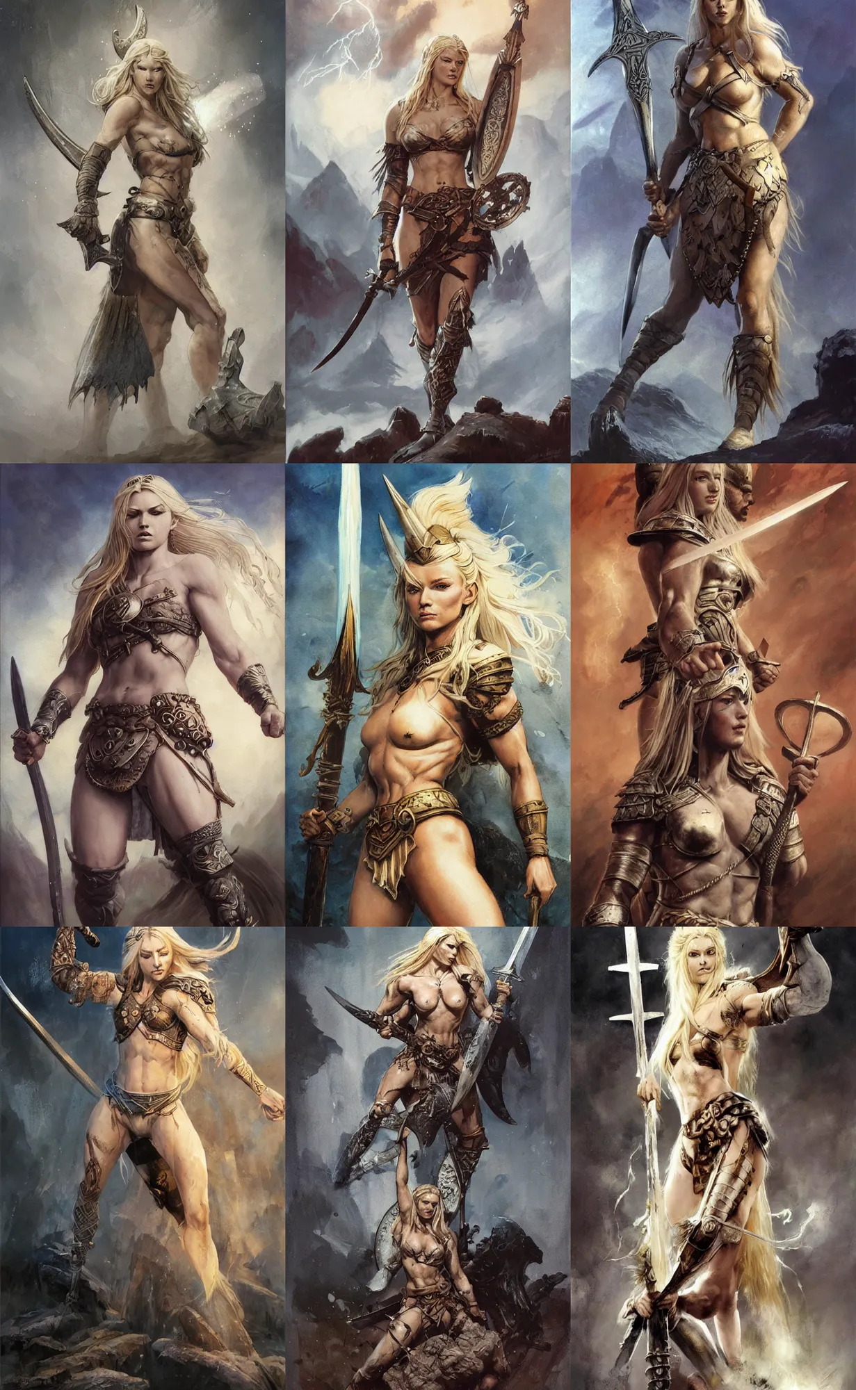 Image similar to A mixed media painting of the beautiful blonde viking goddess of war with a lightning sword, very aesthetic, detailed face, by Frank Frazetta, Greg Rutkowski, Boris Vallejo, Beeple, Christian MacNevin, epic fantasy character art, goddess of anger, viking runes, high fantasy, CGsociety, full length, exquisite detail, post-processing, low angle, masterpiece, cinematic, odin's stone arena background