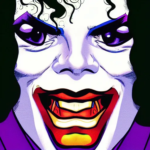 Image similar to dynamic macro head portrait of beautifu michael jackson as the joker in white sequined jacket by john romita sr and cory walker and ryan ottley and jack kirby and barry windsor - smith, comic, illustration, photo real