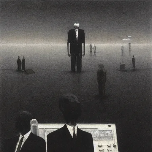 Image similar to Floating CRT monitors and business people by Beksinski