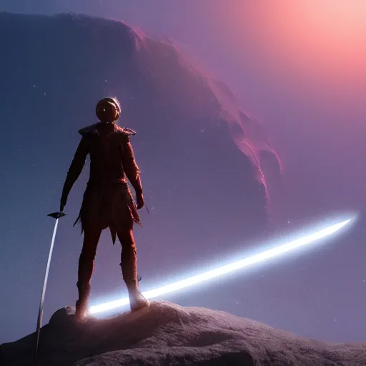 Image similar to hyperrealistic sword standing on a glowing rock, distant planet in background, fog, glow, sharp, 4 k, lens flare, highly detailed digital art, trending on artstation, masterpiece