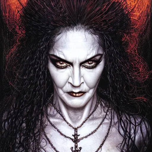 Prompt: head and shoulders portrait of an evil, black - skinned night hag portrayed by madonna, d & d, fantasy, luis royo, magali villeneuve, donato giancola, wlop, krenz cushart