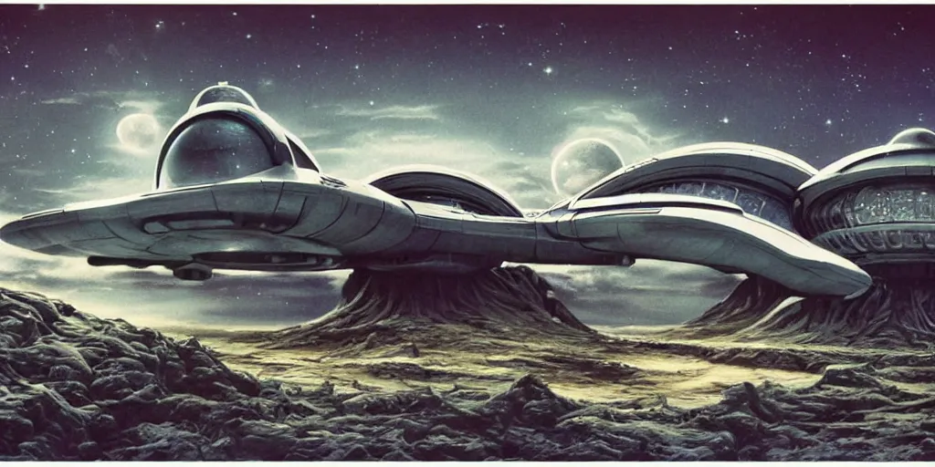 Image similar to By Jim bush and ed repka, air brush illustration, matte painting of a vintage alien ship landing on an alien planet, human astronauts making first contact, retro futuristic, science fantasy, symmetry accurate features, very intricate details, artstation