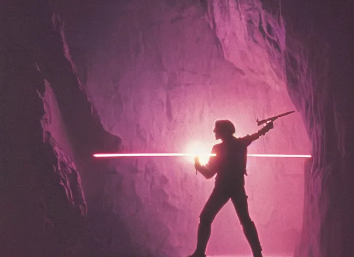 Image similar to detailed photo of Luke skywalker finding the ancient jedi texts. a dark pink hazy ethereal cave from Indiana jones, screenshot from the 1983 film, Photographed with Leica Summilux-M 24 mm lens, ISO 100, f/8, Portra 400