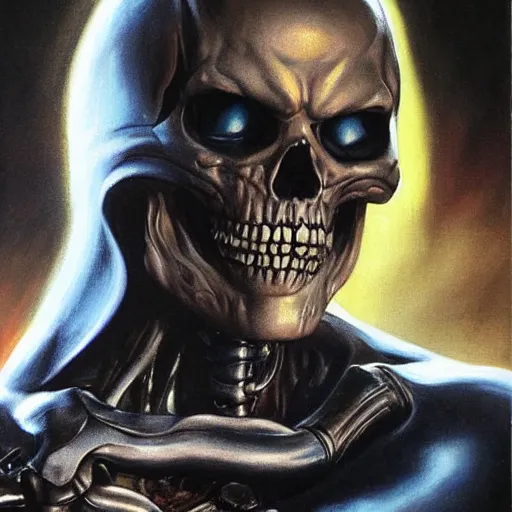 Image similar to ultra realistic portrait painting of skeletor as the terminator, art by frank frazetta, 4 k, ultra realistic, highly detailed, epic lighting