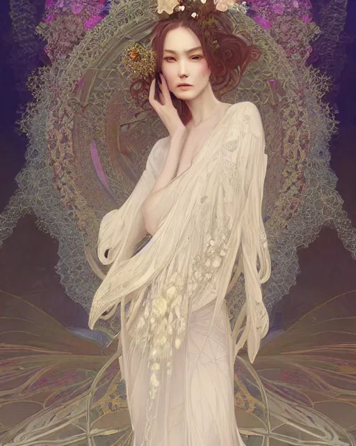 Image similar to Ethereal Floralpunk elysian Maiden of radiant light wearing ivory lace dress made of stardust masterpiece digital illustration by Ruan Jia and yasumoto oka, award winning, Artstation, art nouveau aesthetic, Alphonse Mucha background, intricate details, realistic, full view, Hyperdetailed, 8k resolution, Artstation, behance