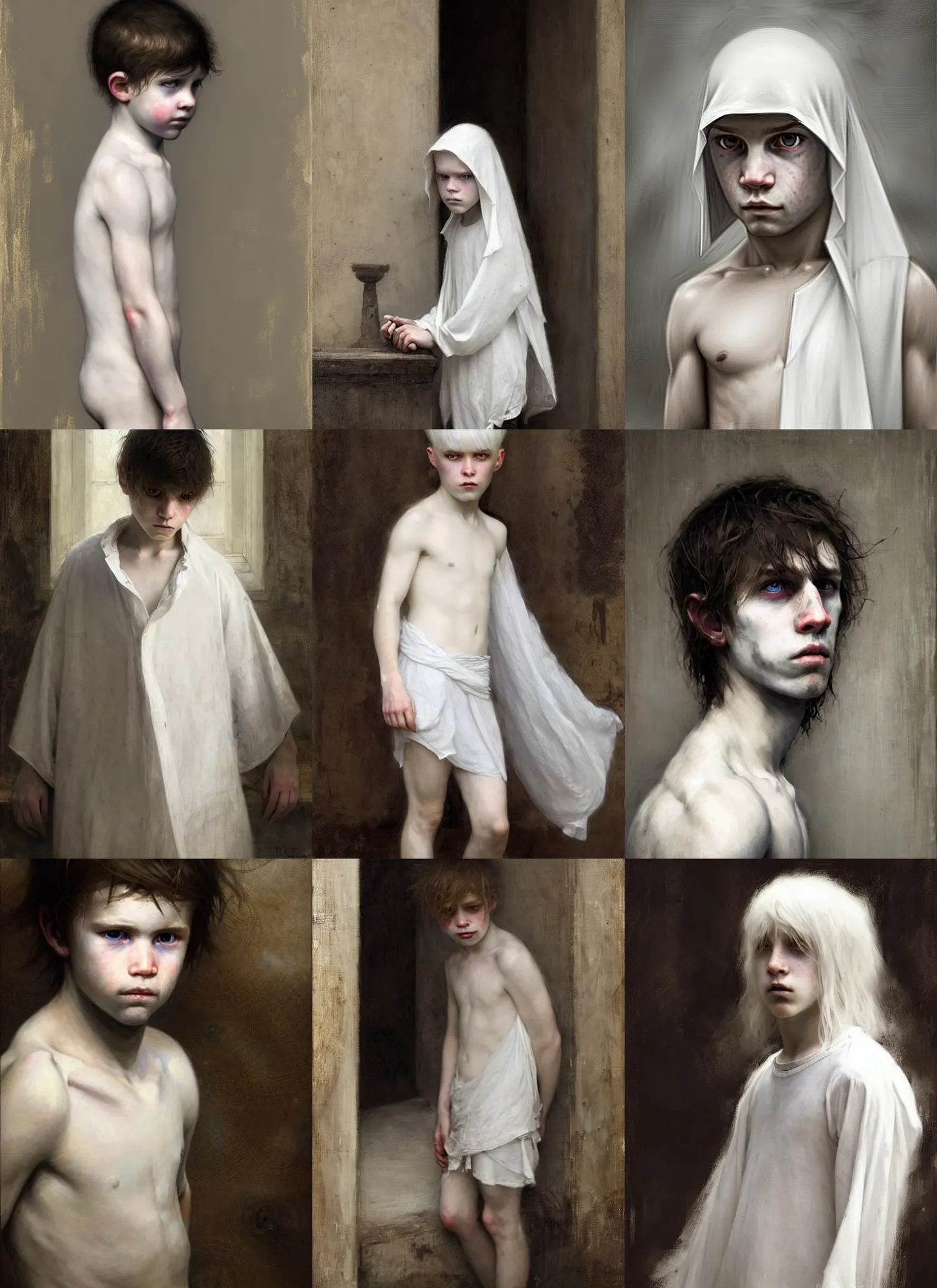 Image similar to a ghost boy with white!!!!!! hair quietly watching the living continue their lives. waterhouse. geoffroy thoorens.