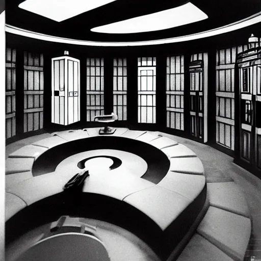 Image similar to Tardis console room, Art Deco style, by stanley kubrick, shot by 35mm film color photography