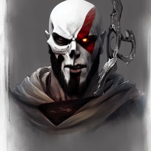 Image similar to kratos with white hair holding skull, by makoto shinkai, greg rutkowski, artstation, high detailed, cgsociety,