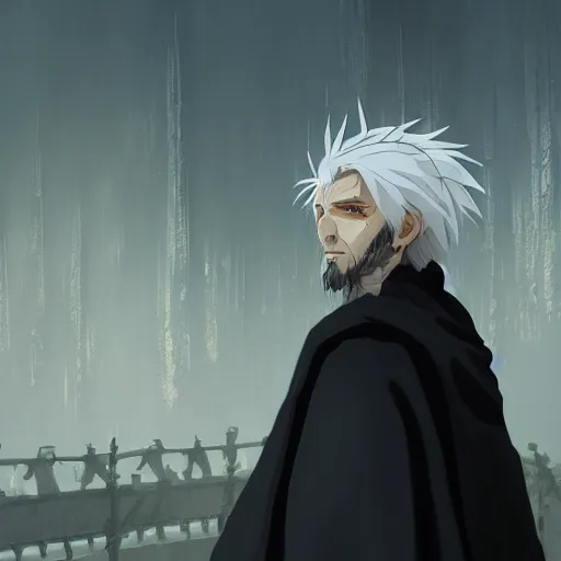 Image similar to a man with spiky white hair and yellow eyes, wearing a black cultist robe, medieval background, highly detailed, digital painting, artstation, matte, by makoto shinkai, animation style, studio ghibli, anime key visual