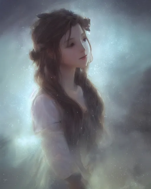 Image similar to beautiful aerith gainsborough, face centered portrait, cottagecore, confident, fog, rain, volumetric lighting, soft light particles floating near her, illustration, perfectly shaded, oft painting, art by krenz cushart and wenjun lin