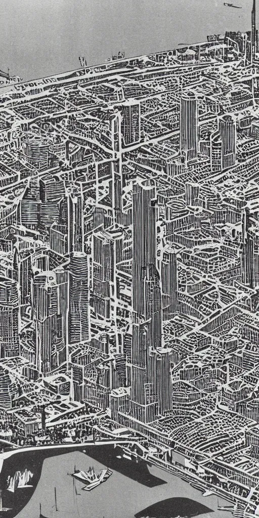 Prompt: high detail woodcut of toronto in the 1 9 7 0 s, aerial photography.