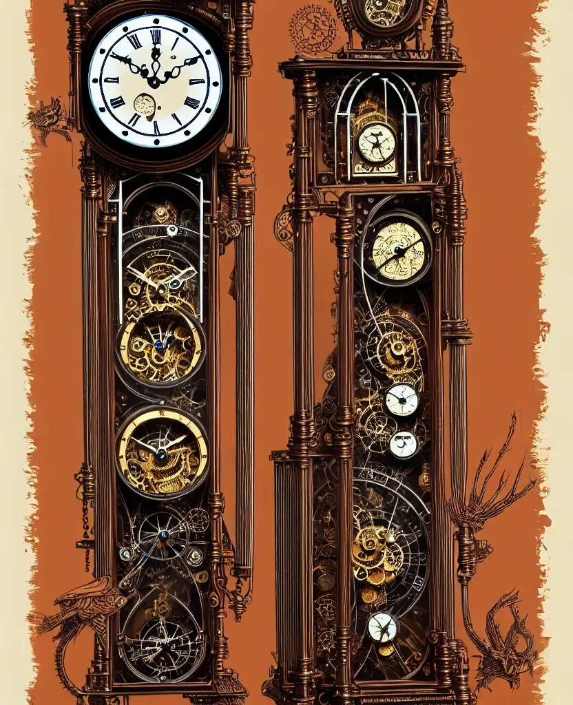 Prompt: ornate steampunk grandfather clock, high details, intricately detailed, by vincent di fate, inking, 3 color screen print, masterpiece, trending on artstation,, sharp, details, hyper - detailed, hd, 4 k, 8 k