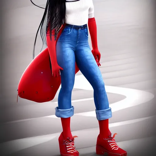 Prompt: 3 d octane render character design of a latina cute girl using tight white and red raglan sleeves with tight blue jeans and cool shoes, having silky long black hair with bangs