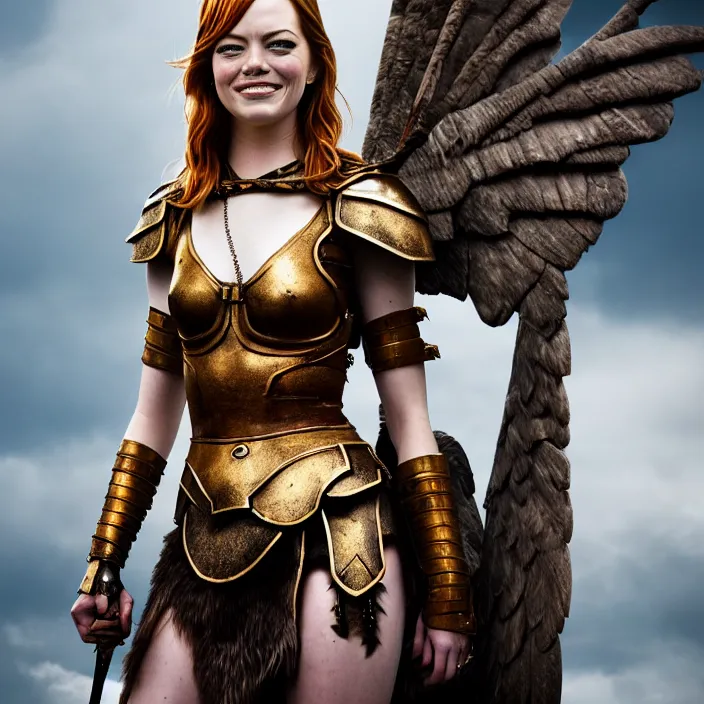 Image similar to professional full length photograph of emma stone as a valkyrie warrior. Extremely detailed. 8k