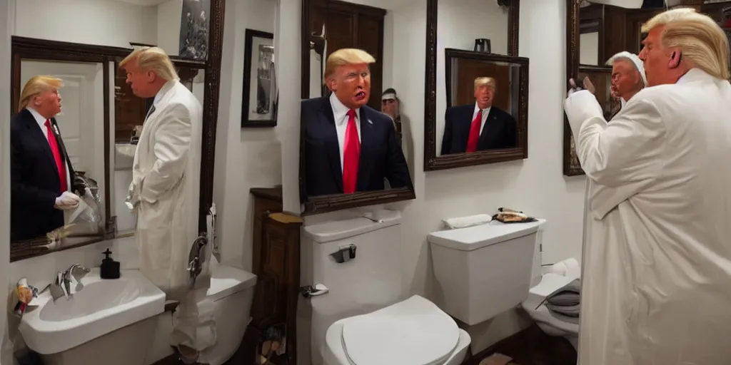 Image similar to ultra wide angle photo of donald trump wearing a looking at himself in a bathroom mirror and seeing his reflection dressed as an oompa loompa