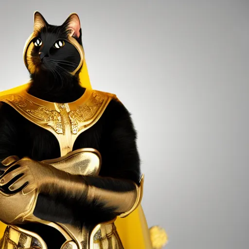 Image similar to portrait. black cat wearing a gold medieval knight armor. by hanns katz, shutterstock contest winner, afrofuturism, sci - fi fantasy, 3 d render