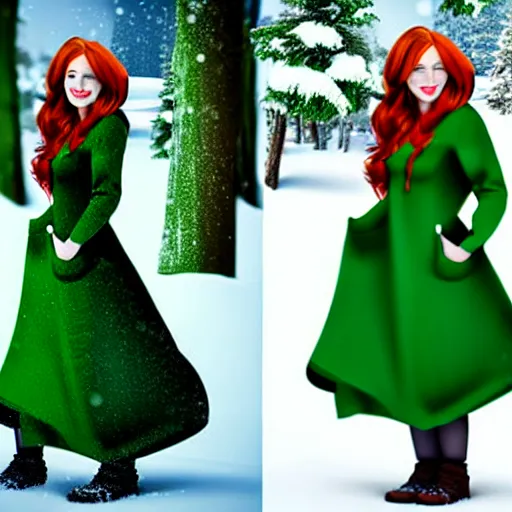 Prompt: redhead women in a green dress, with pockets, photorealistic, winter scenario