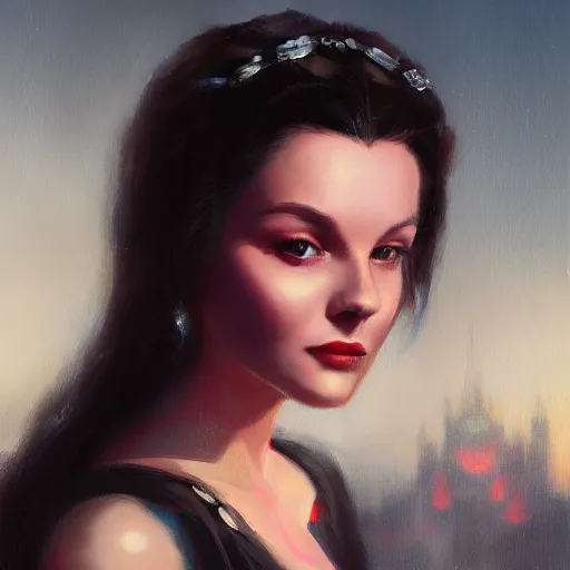 Image similar to closeup portrait of a young vivian leigh, dramatic lighting, city background, night, moon, chiaroscuro, complementary contrast, high detail, painted by greg rutkowski, painted by igor kieryluk, painted by bobby chiu, trending on artstation