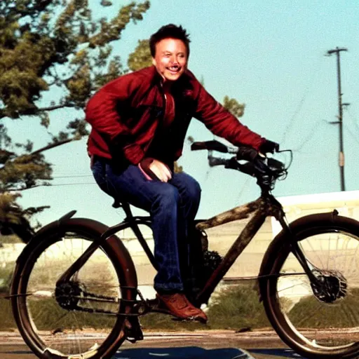 Image similar to elon musk riding an old rusty bike 1993