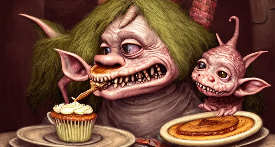 Image similar to closeup profile portrait of a medieval goblin eating cakes in the castle kitchen, nicoletta ceccoli, mark ryden, lostfish, max fleischer, hyper realistic, artstation, illustration, digital paint, matte paint, vivid colors, bright, cheerful, detailed and intricate environment